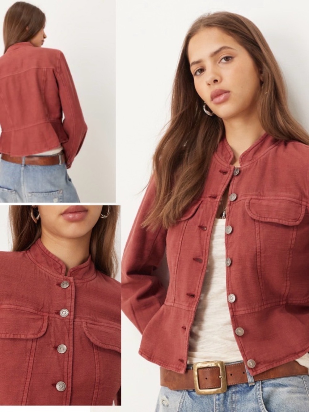 Free People Red Button-Front Cropped Jean Jacket size Medium NWT